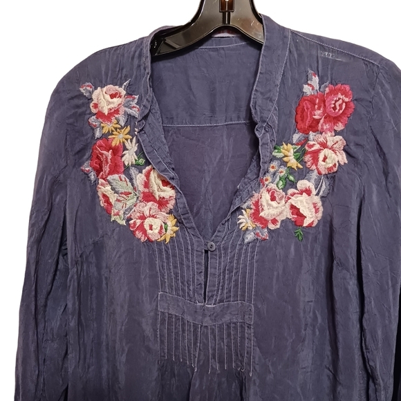 Johnny Was Rose Embroidered Dress Ladies XS Romantic Silky Blue Boho Oversized - Picture 2 of 9